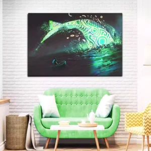Beautiful Glowing Green Whale in the Sea Canvas Wall Painting