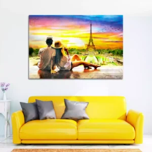 Romantic Couple Looking to Sunset and Eiffel Tower Canvas Wall Painting