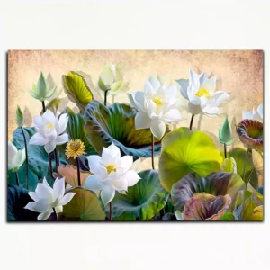 White Lotus Flowers with Green Leaves Canvas Wall Painting