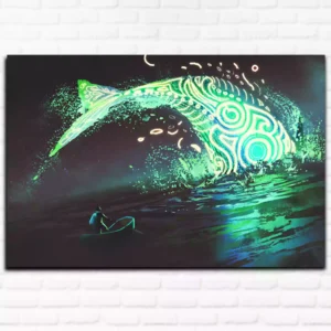 Beautiful Glowing Green Whale in the Sea Canvas Wall Painting