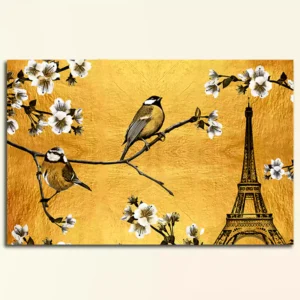 Modern Art Cute Birds and Eiffel Golden Canvas Wall Painting