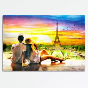 Romantic Couple Looking to Sunset and Eiffel Tower Canvas Wall Painting