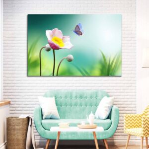 Beautiful Pink Flower with Butterflies Canvas Wall Painting