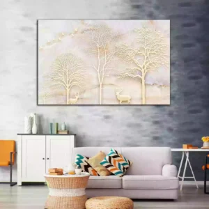 3D illustration of Trees, Deer Canvas Wall Painting