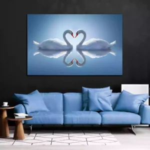 Romantic Two Swans Water Reflection Premium Canvas Wall Painting